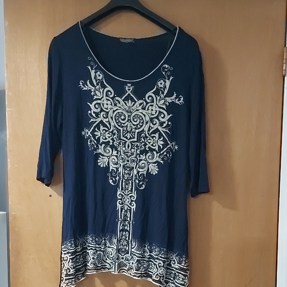 Vanilla Sugar Navy Women's Top 1X with Intricate Beige & Rhibestone Design.